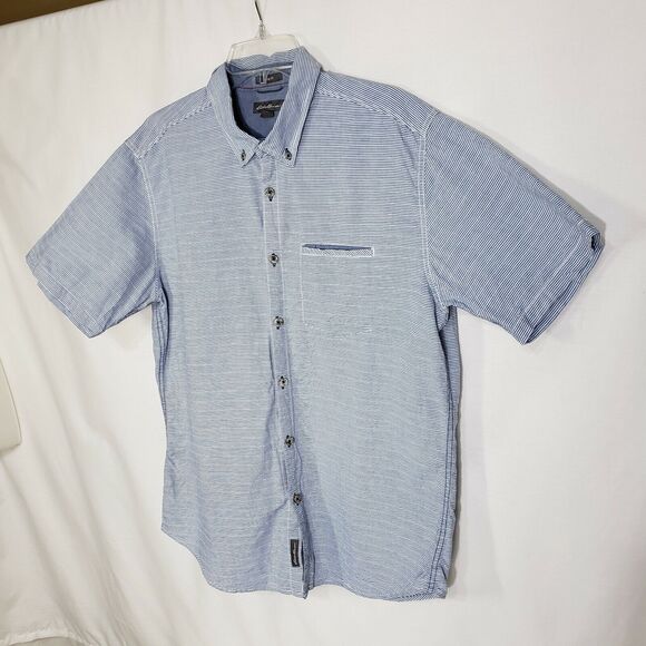 Eddie Bauer Mens Shirt Large Button Classic Fit Striped Blue Pocket Short Sleeve - Picture 5 of 9